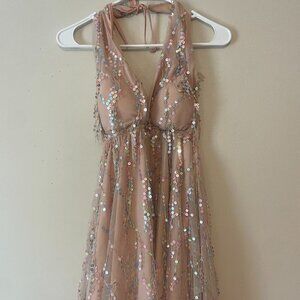 Halter, sequin, mini dress
